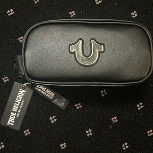 True Religion Black Toiletry Bag with Gold Logo